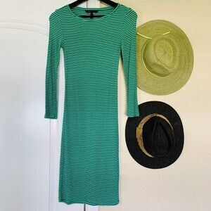 BCBG Green & White Striped Lightweight Stretchy Sweater Midi Bodycon Dress | XS